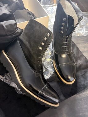 Unisex Triple Black Caramel Leather & Suede Lace-Up Boots Patent W8 M6 UK 38